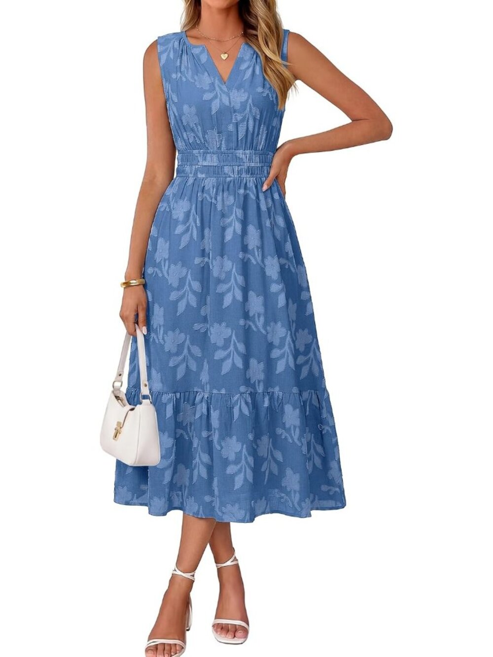 Women's Blue Sleeveless V Neck A LINE Floral Casual Imported Maxi Dress